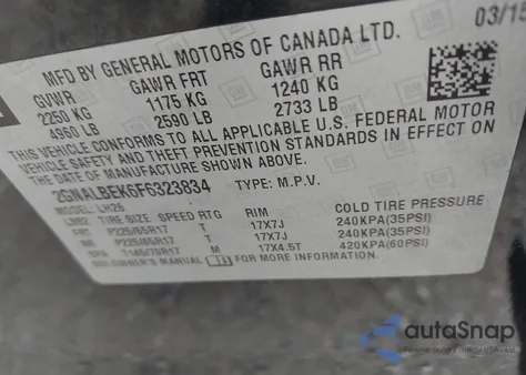 2015 Chevrolet Equinox 1Lt z USA, uszkodzony, nr VIN 2GNALBEK6F6323834